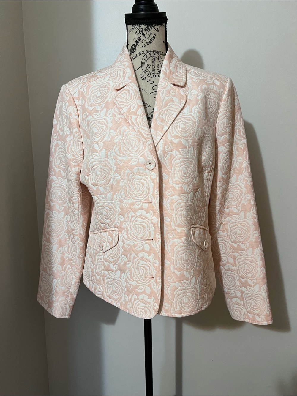 Villager Liz Claiborne Pink White Rose Jacquard Floral Blazer Sz 14